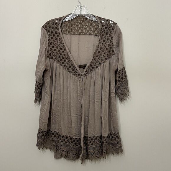 Piazza Roma Top Womens Large Seta Silk Attached Shell Stretch Brown Italian - Picture 1 of 14